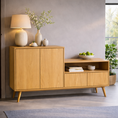 Solid Wood Console Cabinet with Open Shelf and Storage Doors – Modern Sideboard