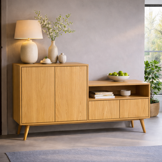 Solid Wood Console Cabinet with Open Shelf and Storage Doors – Modern Sideboard
