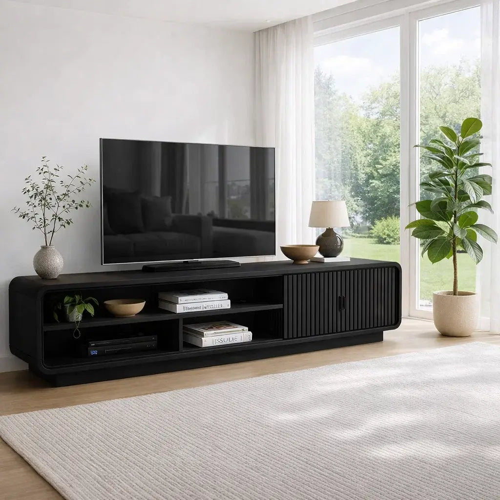 Solid Wood TV Cabinet with Slatted Doors – Modern Walnut Media Console Kitchnce