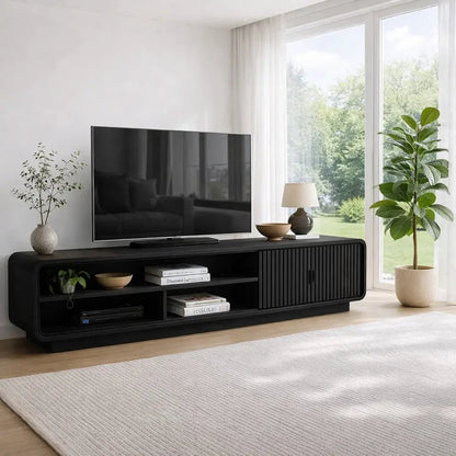 Solid Wood TV Cabinet with Slatted Doors – Modern Walnut Media Console Kitchnce