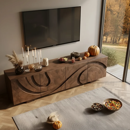 Solid Wood TV Stand Modern Walnut Media Console with Sculpted Doors and Storage