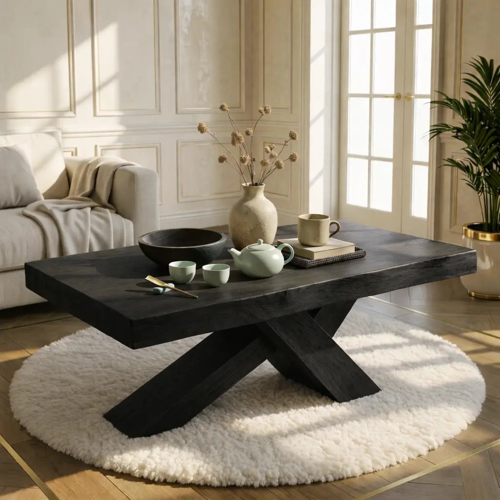 Rustic Solid Wood Coffee Table with X-shaped Legs and Natural Finish Kitchnce