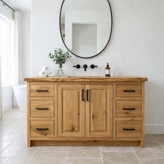 Solid Wood Bathroom Vanity with Drawers & Cabinet – Rustic Modern Storage Base