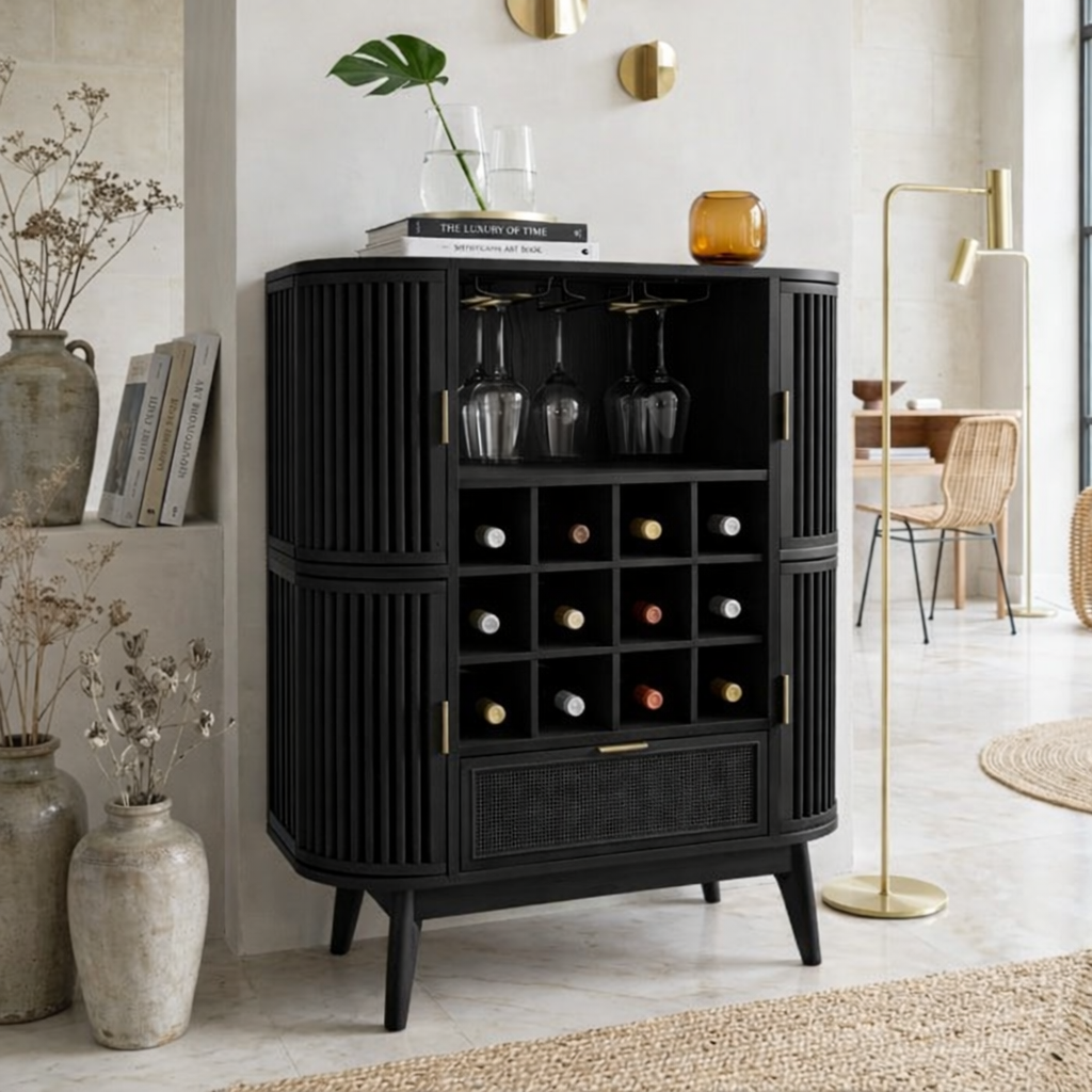 Contemporary Wooden Bar Cabinet, Fluted Entertaining Console with Glassware Storage