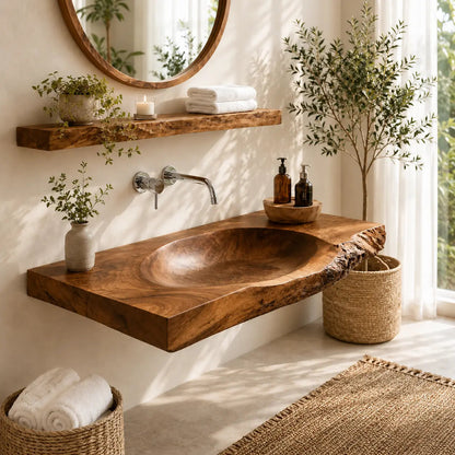 Live Edge Vanity & Shelf Set | Solid Wood Carved Sink Floating Bathroom Kitchnce