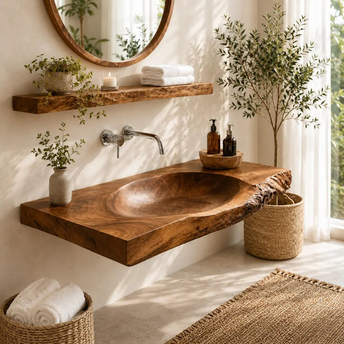 Live Edge Vanity & Shelf Set | Solid Wood Carved Sink Floating Bathroom Kitchnce
