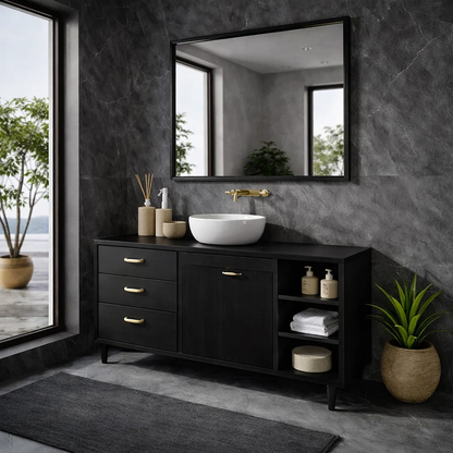 Solid Wood Bathroom Vanity with Drawers, Cabinet & Open Shelf – Mid Century Walnut Vanity