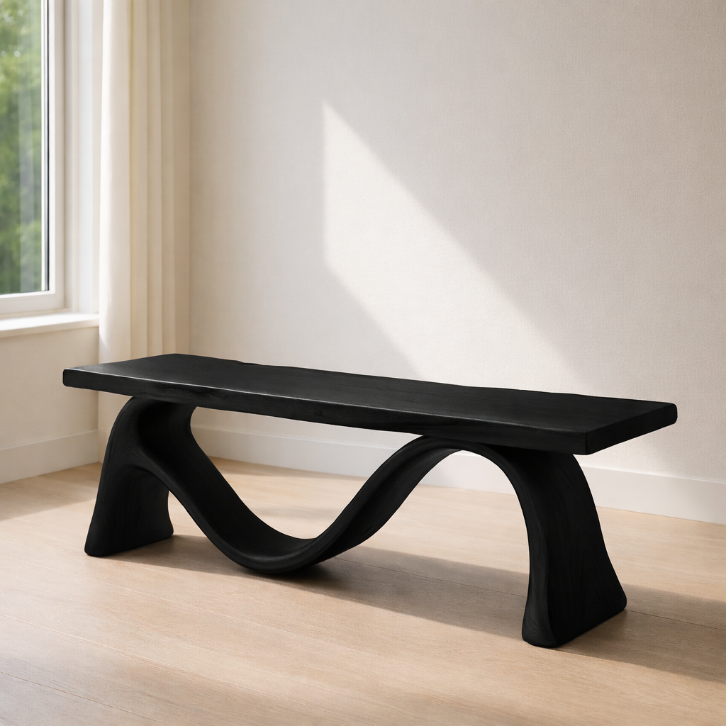 Solid Wood Bench with Sculptural Curved Base – Modern Entryway or Living Room Bench Kitchnce