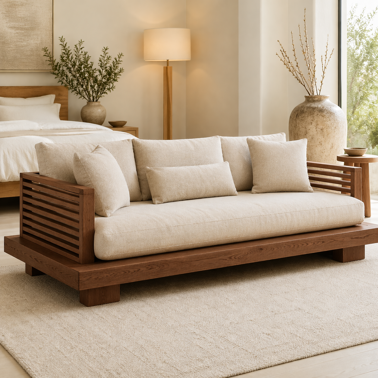 Modern Daybed Sofa with Slatted Arms Upholstered Lounge Bench for Bedroom Decor