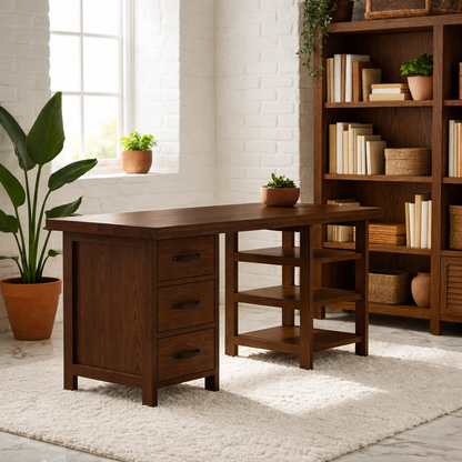 Modern Work Desk with Drawers and Open Shelving Home Office Minimal Storage Desk