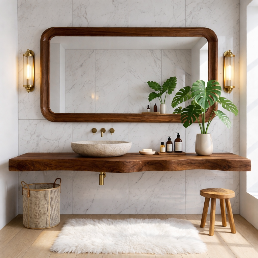 Floating Vanity with Natural Wood, Open Shelf, and Stone Basin Sink Kitchnce