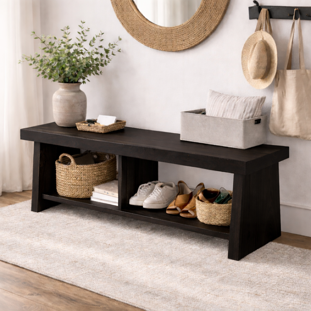 Solid Wood Entryway Bench with Storage | Rustic Hallway Bench with Open Shelves Kitchnce
