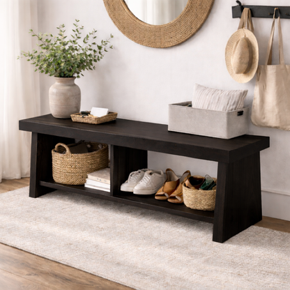 Solid Wood Entryway Bench with Storage | Rustic Hallway Bench with Open Shelves Kitchnce