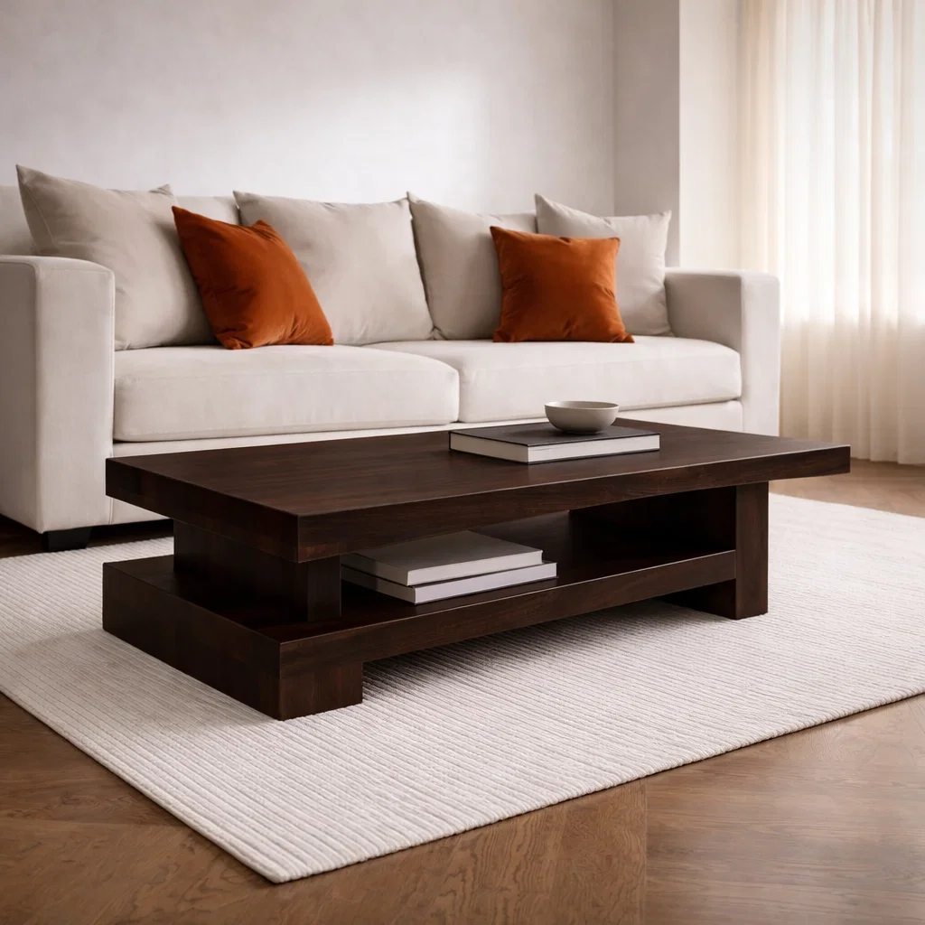 Solid Wood Coffee Table with Modern Block Design – Functional Storage