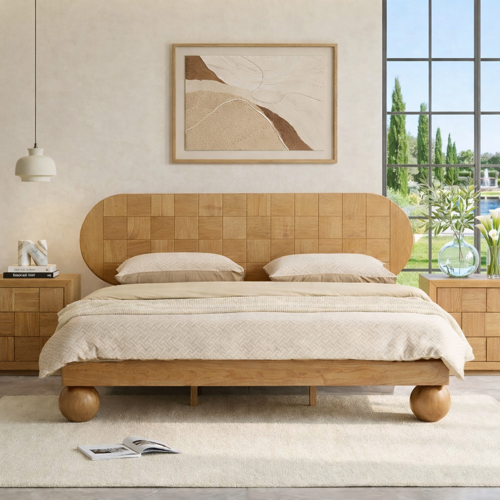 Mid Century Modern Bed Frame, Rounded Headboard Platform Bedroom Furniture