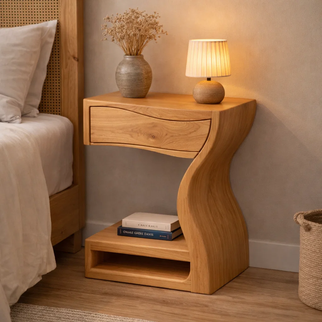 Solid Walnut Nightstand with Drawer and Shelf – Sculptural Curved Wood Bedside Table