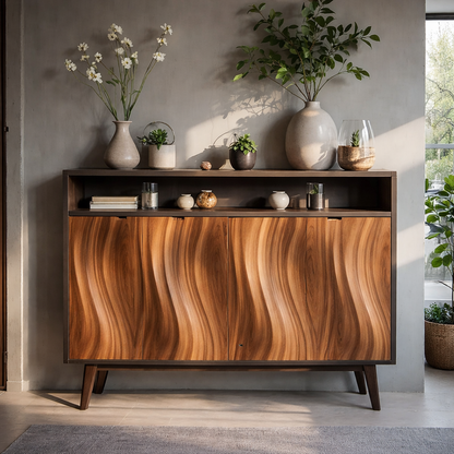 Modern Solid Wood Console Cabinet with Open Shelf and Sculpted Wood Doors
