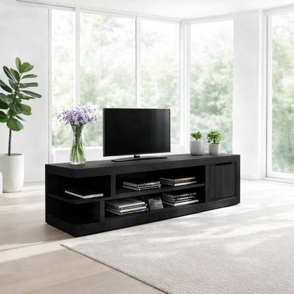 Solid Wood Media Console with Open Shelves & Cabinet, Modern TV Stand