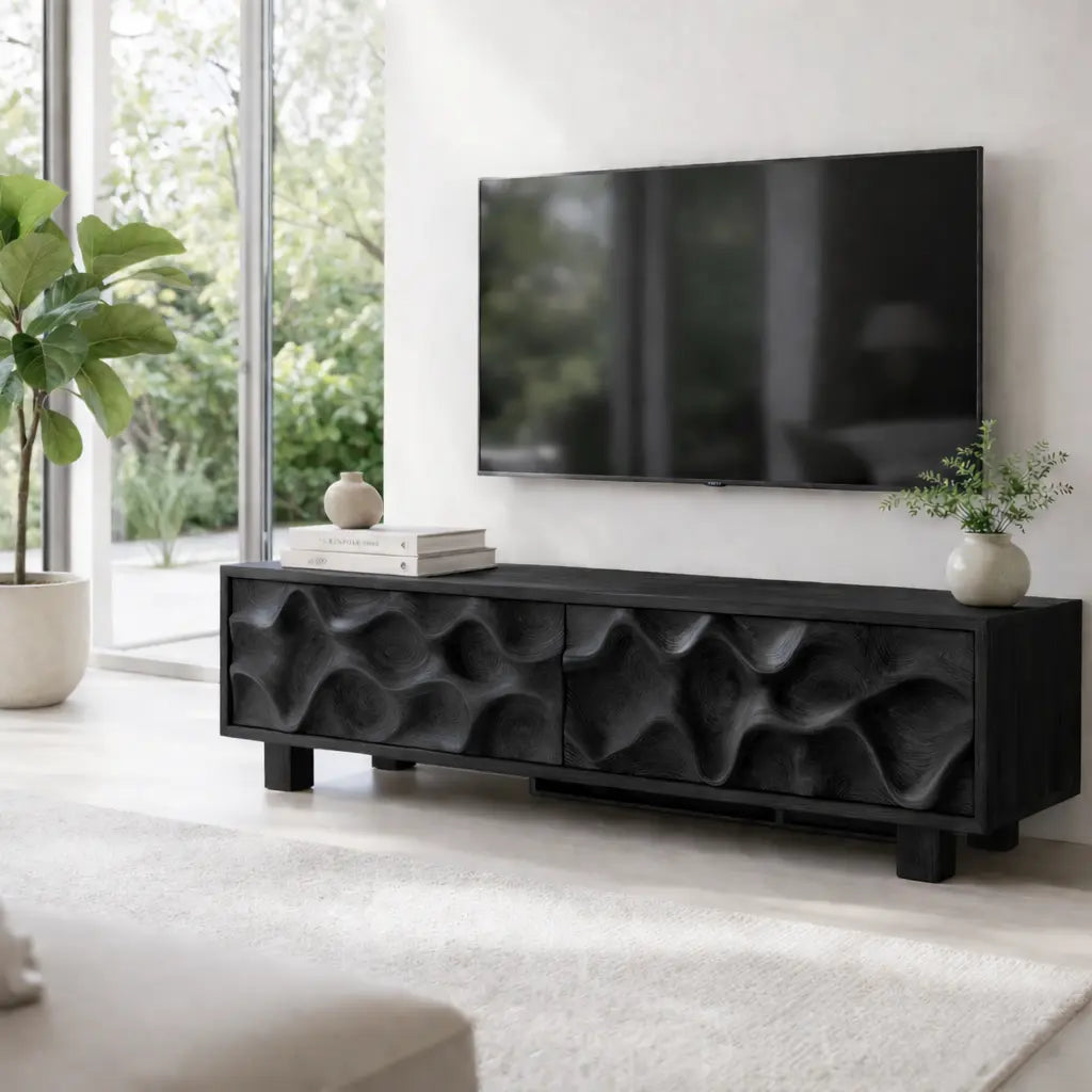 Solid Wood TV Cabinet with Wave Carved Doors Modern Wooden Media Console Kitchnce