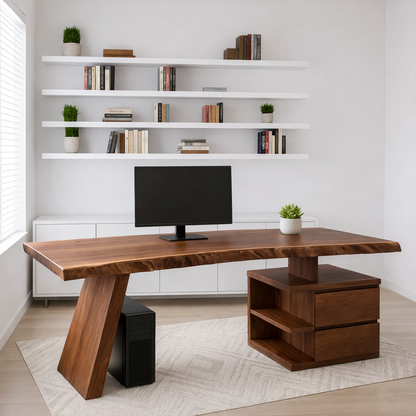 Live Edge Office Desk with Drawer Storage Modern Writing Computer Desk Solid Design