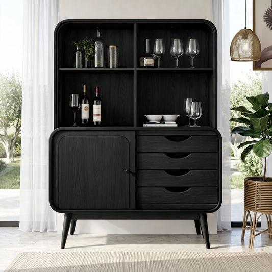 Modern Wine Cabinet with Open Shelves, Drawers and Concealed Storage Door
