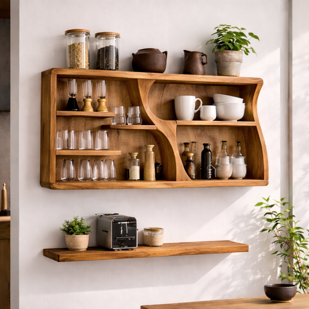 Solid Wood Kitchen Cabinet Shelf – Modern Wall Mounted Storage Display