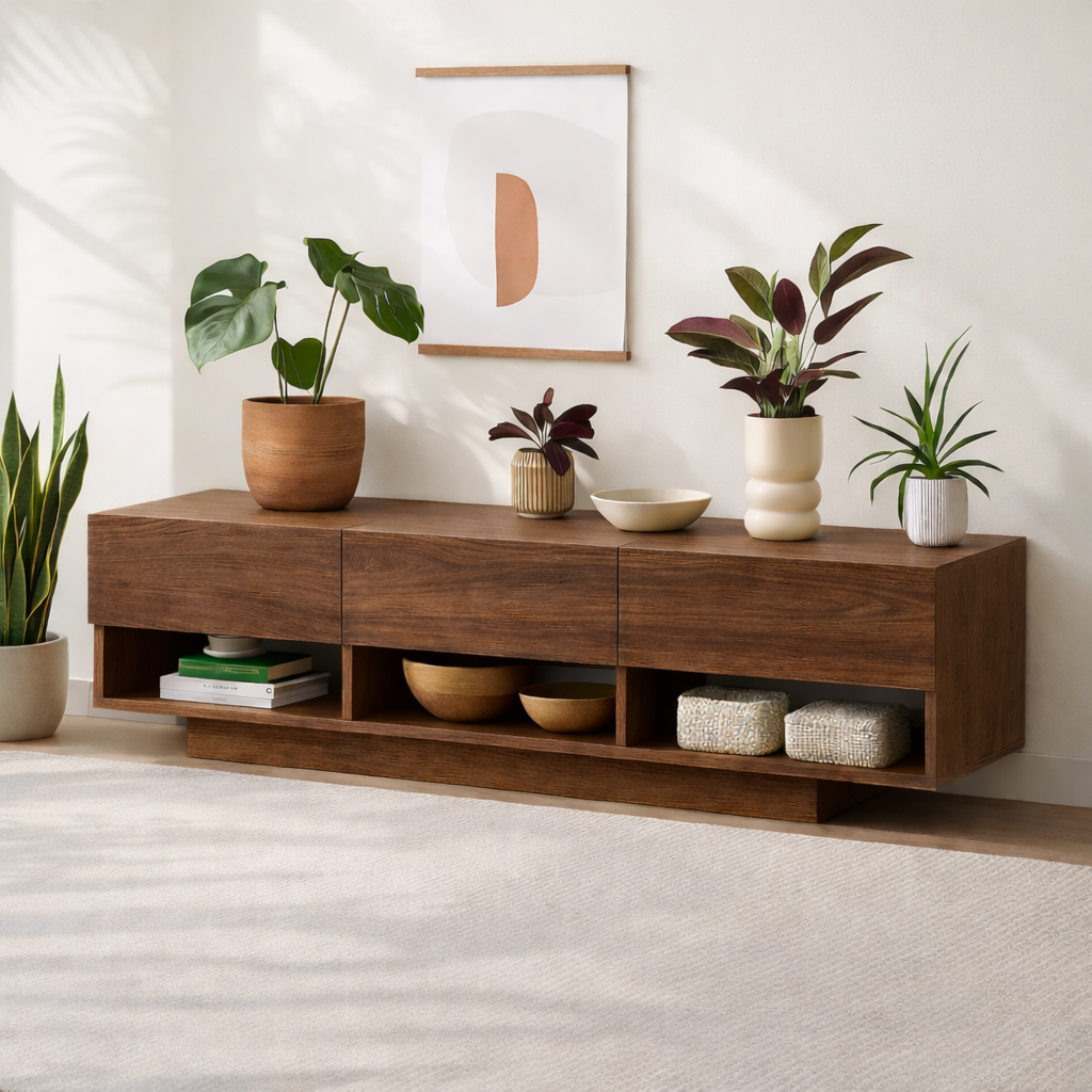 Modern Solid Wood Console Table, Minimalist Media Console Cabinet with Open Storage Shelves Kitchnce