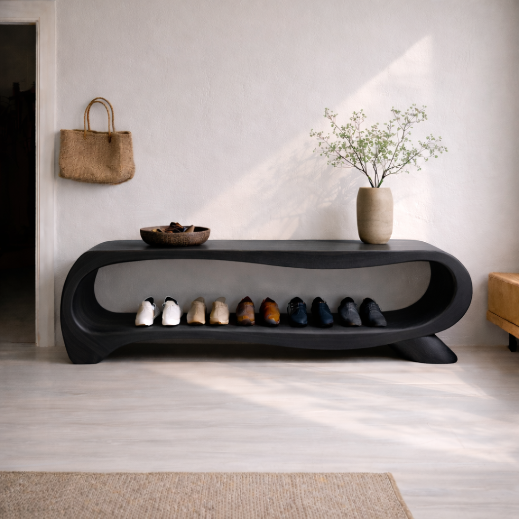 Modern Solid Wood Entryway Bench with Shoe Storage Shelf – Curved Wooden Shoe Rack Bench Kitchnce