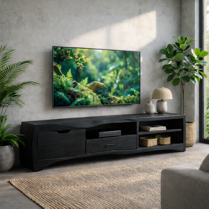 Modern Solid Wood TV Stand with Storage Drawers and Open Shelves – Living Room Media Console Kitchnce
