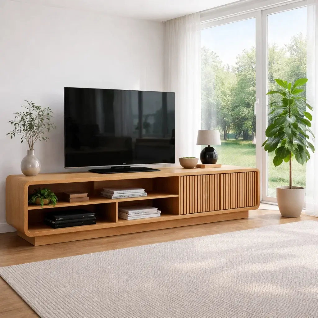 Solid Wood TV Cabinet with Slatted Doors – Modern Walnut Media Console Kitchnce