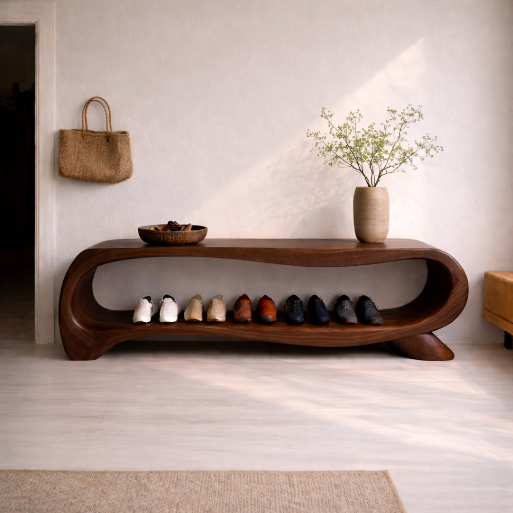 Modern Solid Wood Entryway Bench with Shoe Storage Shelf – Curved Wooden Shoe Rack Bench Kitchnce