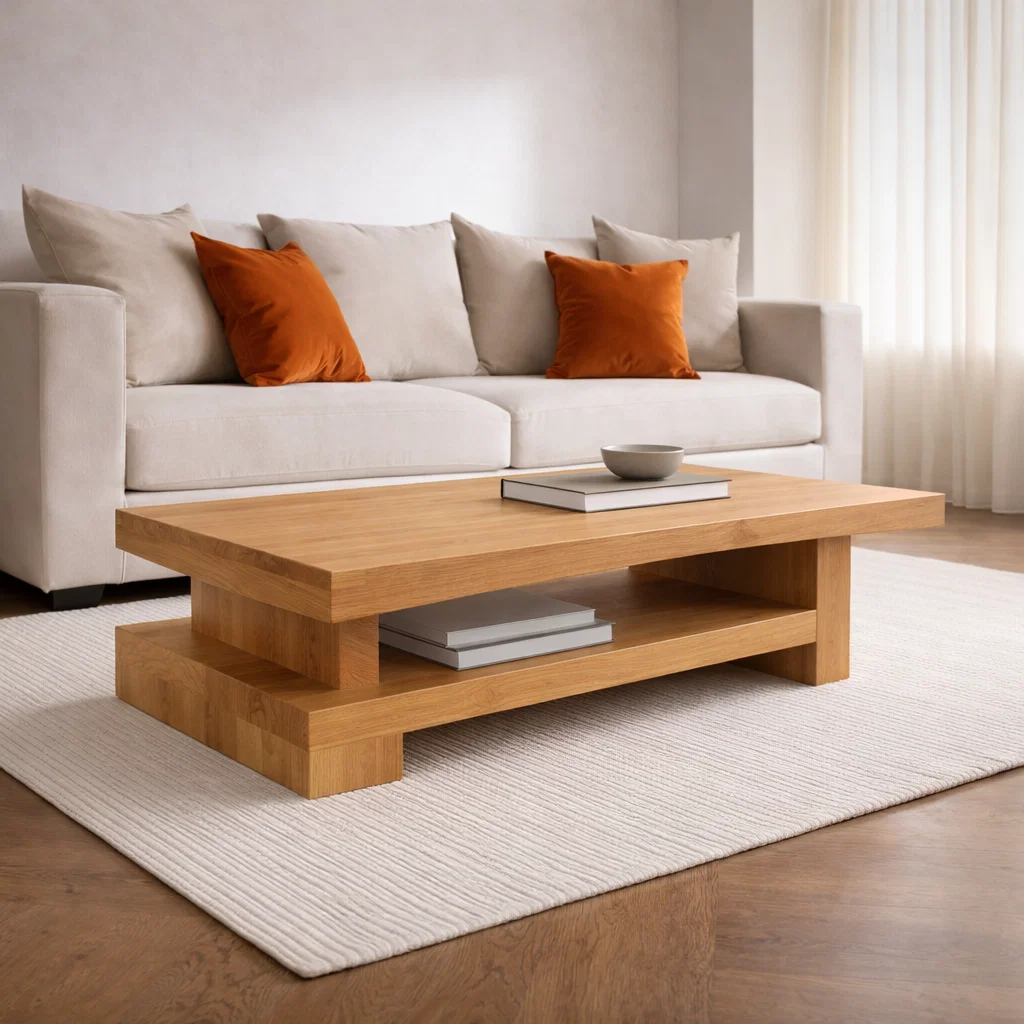 Solid Wood Coffee Table with Modern Block Design – Functional Storage