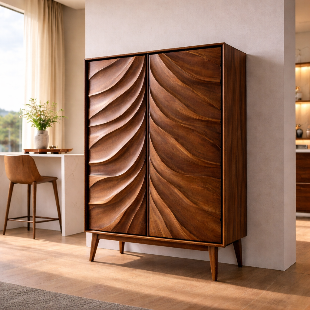 Solid Wood Bar Cabinet with Sculpted Wave Doors – Modern Mid Century Liquor Storage