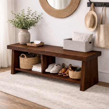 Solid Wood Entryway Bench with Storage | Rustic Hallway Bench with Open Shelves Kitchnce