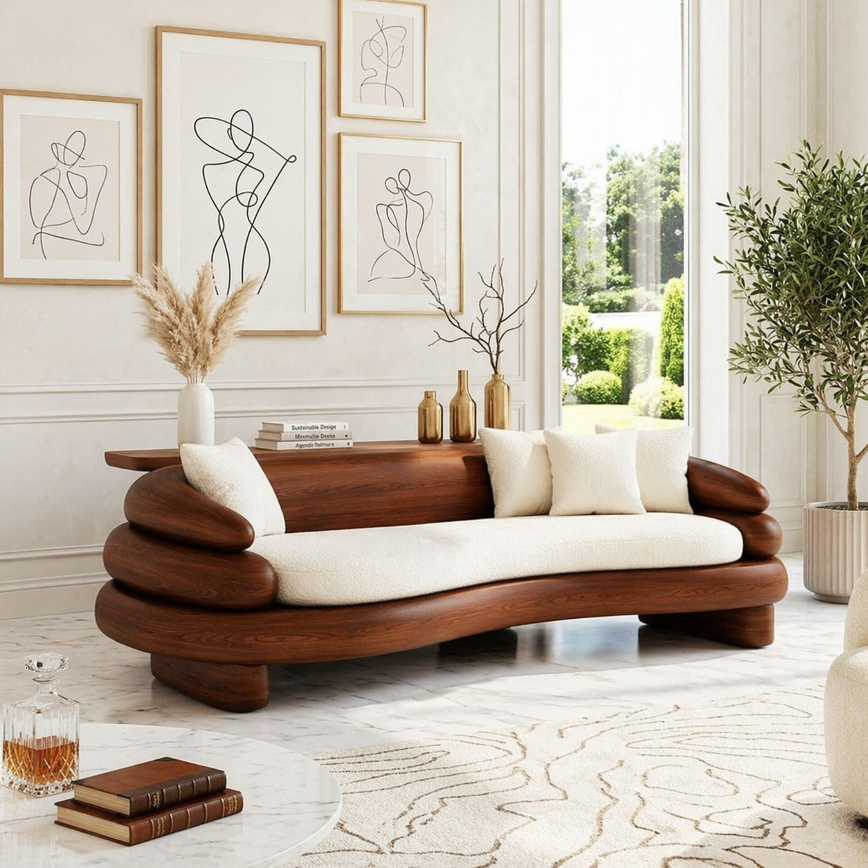 Organic Modern Wooden Sofa, Sculptural Curved Statement Couch with Cream Cushions