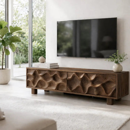 Solid Wood TV Cabinet with Wave Carved Doors Modern Wooden Media Console Kitchnce