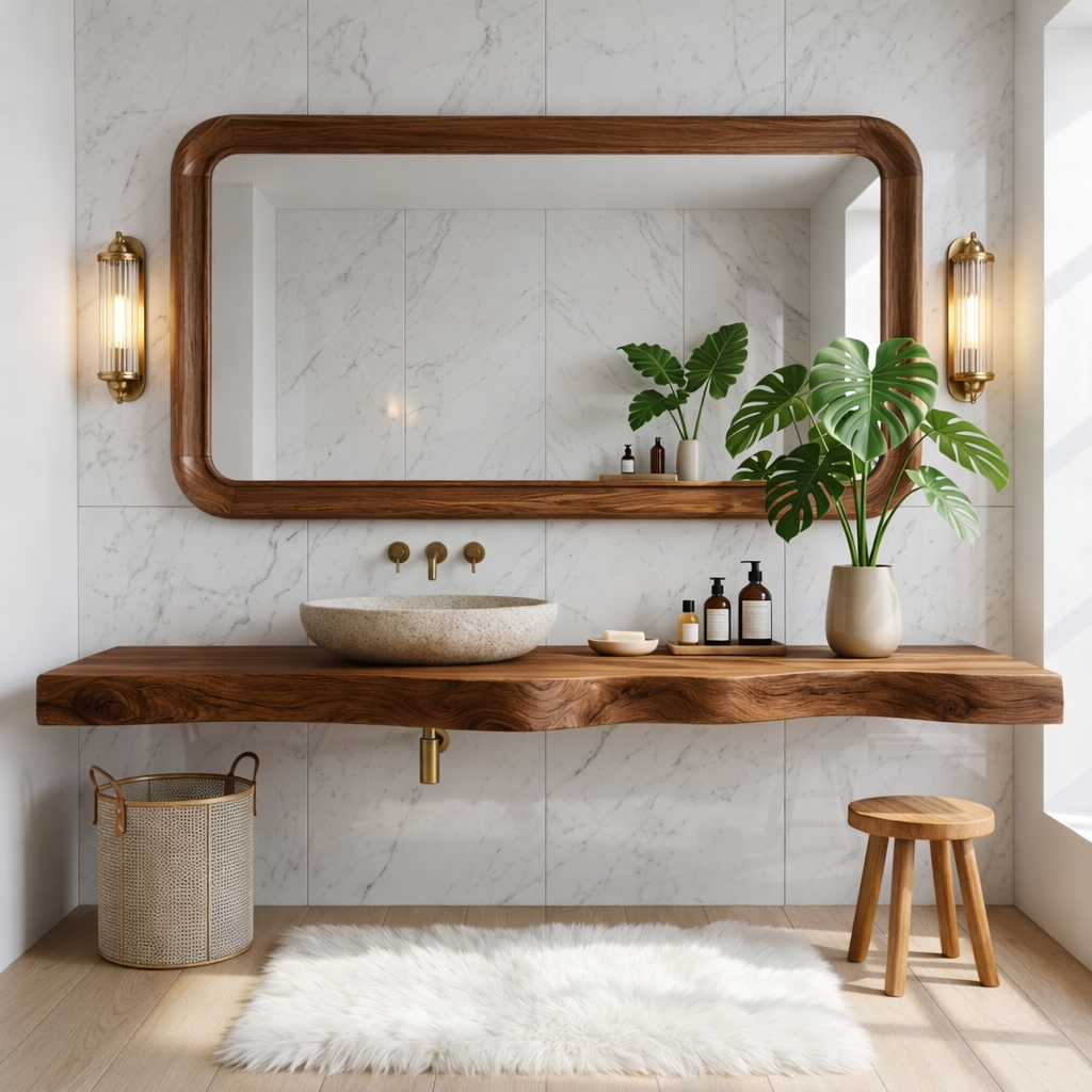 Floating Vanity with Natural Wood, Open Shelf, and Stone Basin Sink Kitchnce