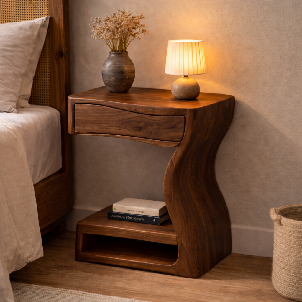 Solid Walnut Nightstand with Drawer and Shelf – Sculptural Curved Wood Bedside Table Kitchnce