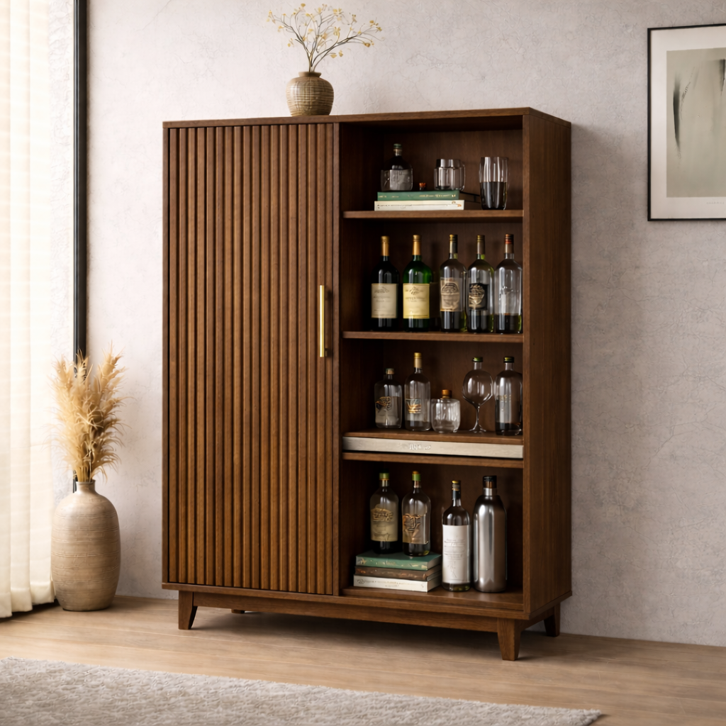 Solid Wood Bar Cabinet with Fluted Door and Open Wine Storage Shelves