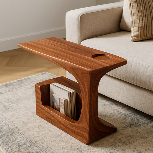 Solid Wood Sofa Armrest Table with Cup Holder and Magazine Rack Side Table