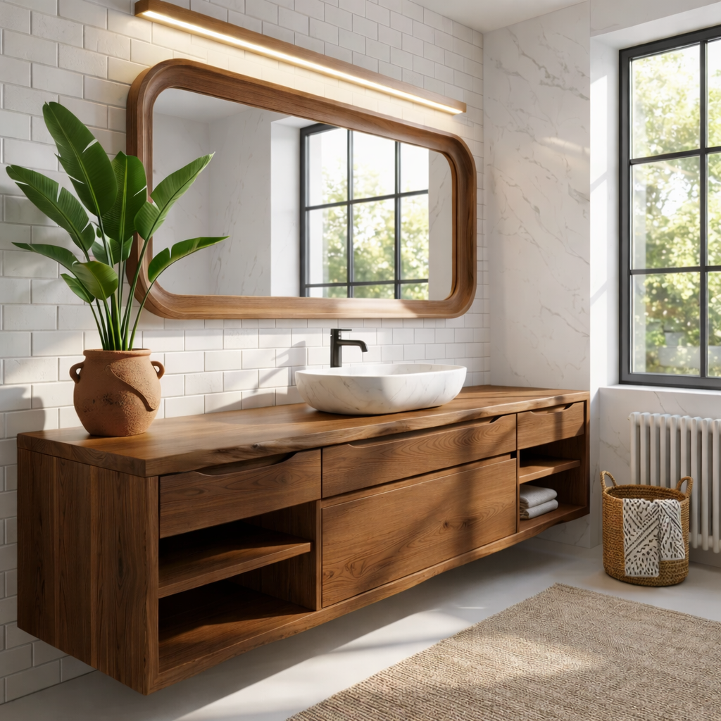 Oak Floating Vanity with Modern Design, Spacious Storage, and Sleek Marble Basin Kitchnce
