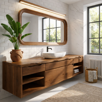 Oak Floating Vanity with Modern Design, Spacious Storage, and Sleek Marble Basin Kitchnce