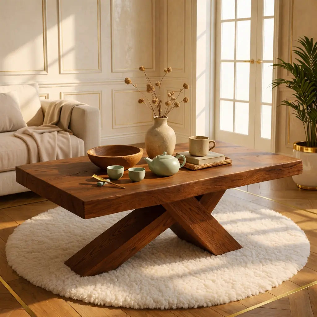 Rustic Solid Wood Coffee Table with X-shaped Legs and Natural Finish Kitchnce