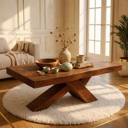 Rustic Solid Wood Coffee Table with X-shaped Legs and Natural Finish Kitchnce