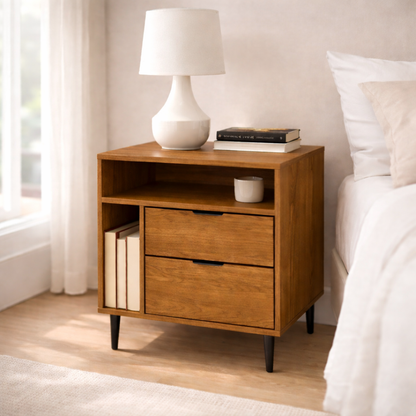 Solid Wood Nightstand with 2 Drawers & Shelf – Modern Bedside Table Storage