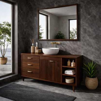 Solid Wood Bathroom Vanity with Drawers, Cabinet & Open Shelf – Mid Century Walnut Vanity