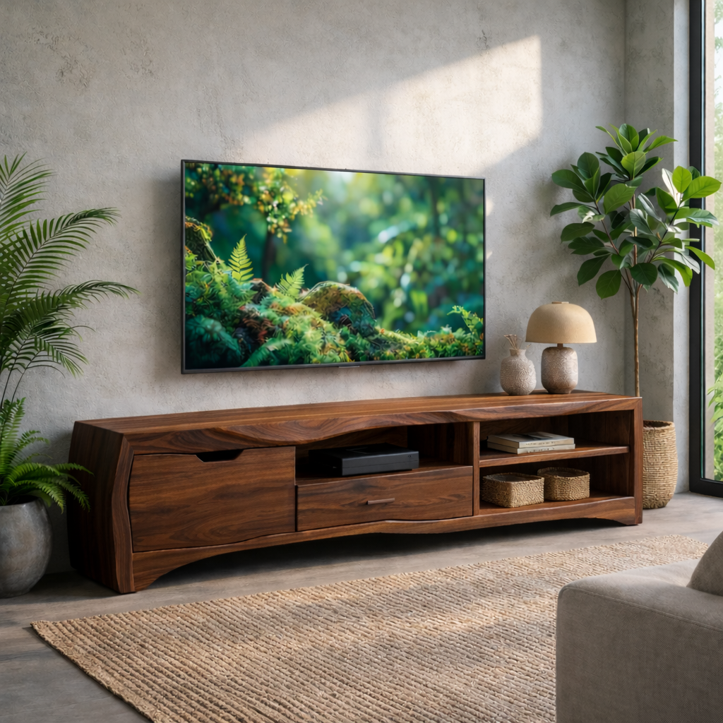 Modern Solid Wood TV Stand with Storage Drawers and Open Shelves – Living Room Media Console Kitchnce