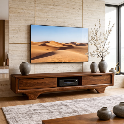 Solid Wood TV Stand with Drawers, Low Profile Modern Media Console Cabinet