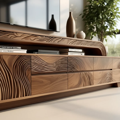 Solid Wood TV Stand Modern Walnut Media Console with Sculptural Curve Design