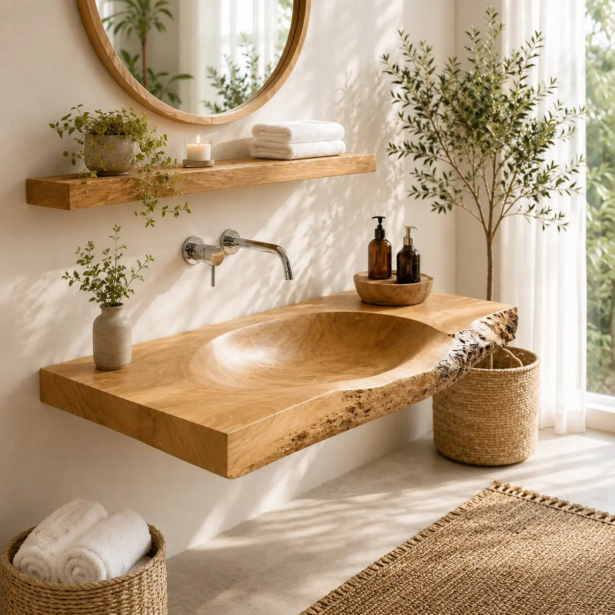 Live Edge Vanity & Shelf Set | Solid Wood Carved Sink Floating Bathroom Kitchnce
